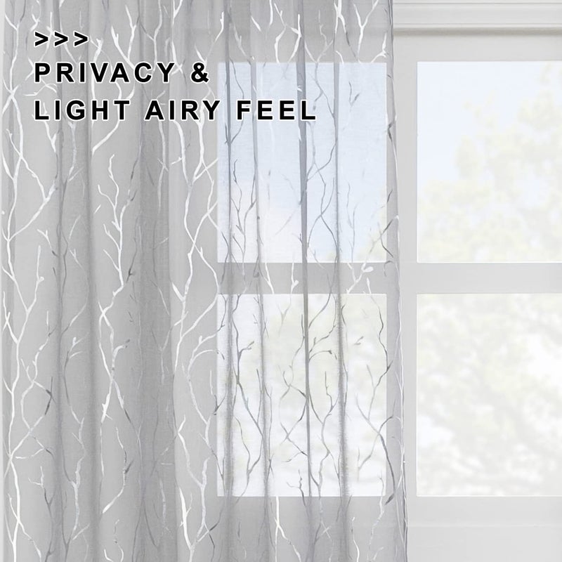 FINECITY Silver Grey Sheer Curtains 96-Inch Long - Metallic Silver Tree Bedroom Curtains Sparkle Sheer Branch Window Curtain 2 Panels for Living Room, 52 x 96 Inch, Set of 2, Grey and Silver - Image 3
